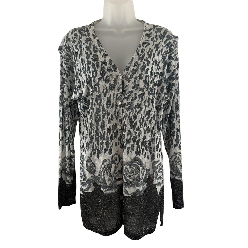 Iris Singer Cardigan Sweater Womens M/L Gray Leopard Rose Print Metallic Knit
